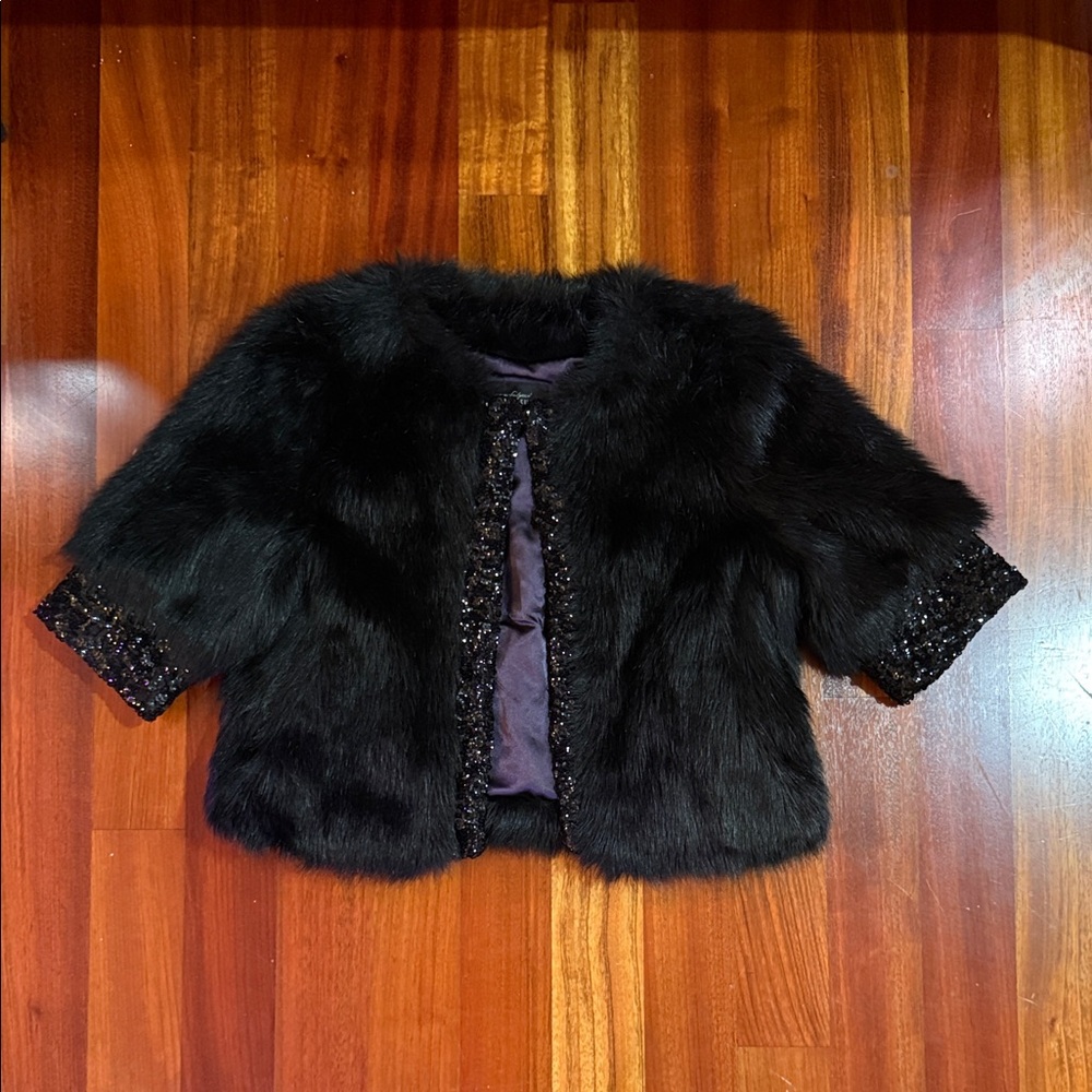 Fabulous Furs Black Faux Fur Sequin Trim Shrug Cropped Coat Jacket S